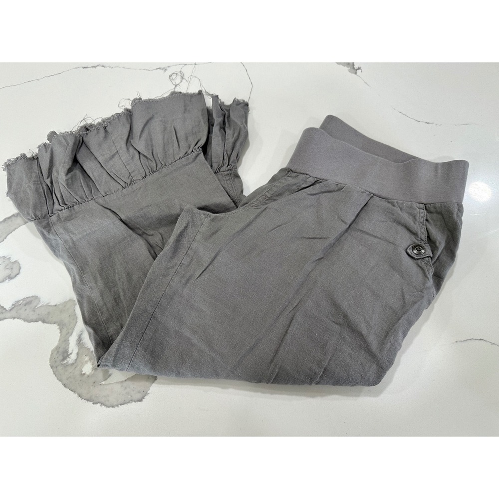 Motherhood Maternity L Grey Linen Blend Ruffle Hem Cropped Pants Size‎